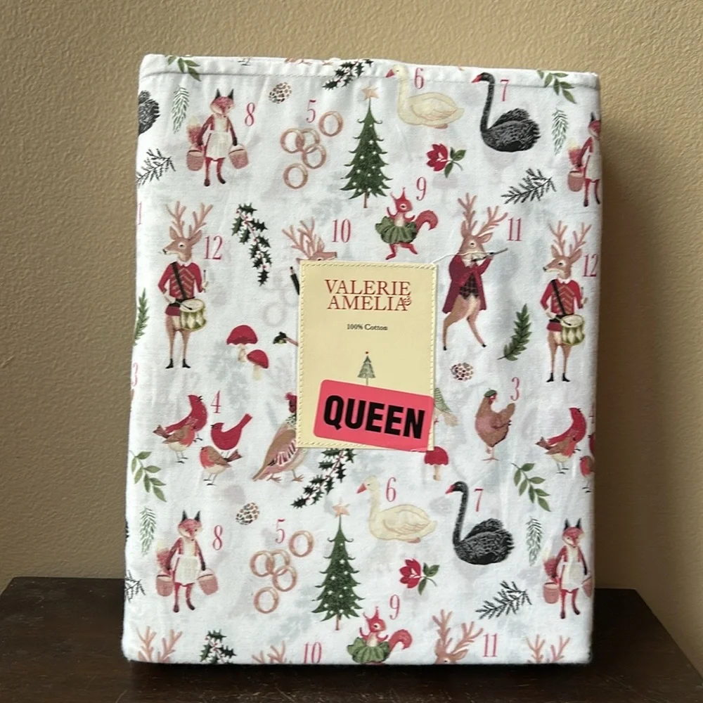 Valerie Amelia New Queen Sheet Set Cotton 12 Days Of Christmas Reindeer Holly